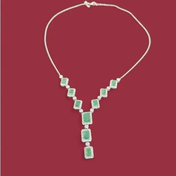 925 Sterling Silver Necklace 18 with Natural Emerald Gem & Cz